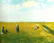 Michael Ancher born og unge piger plukker blomster pa mark nord for skagen painting